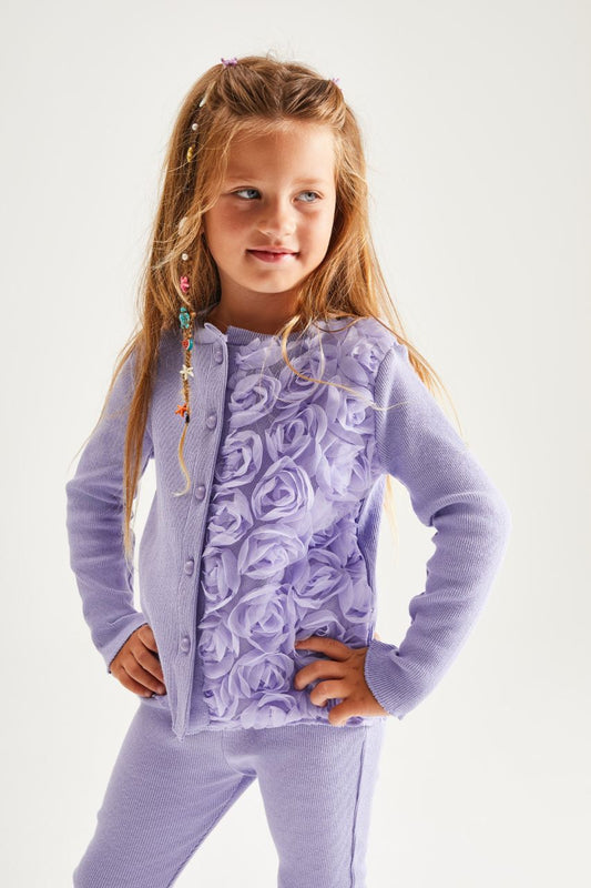 Lavender Ribbed Rosette Cardigan Set