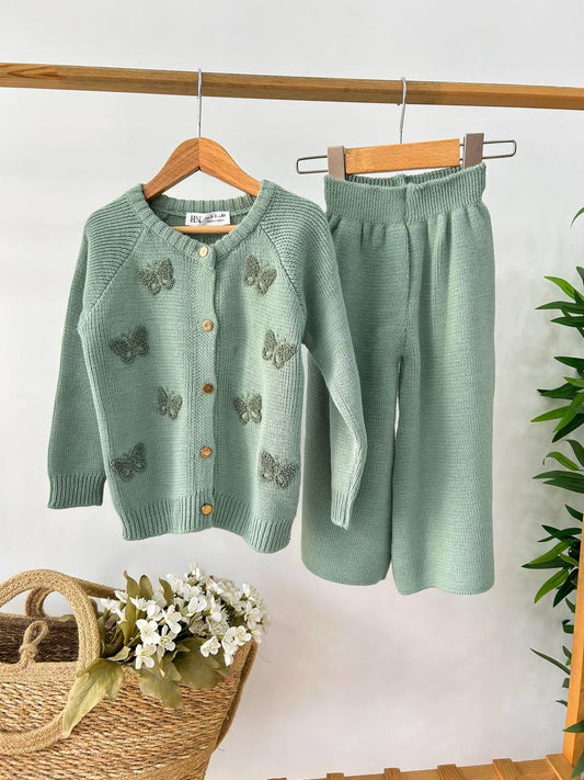 Green Butterfly Knit Cardigan and Pants Set