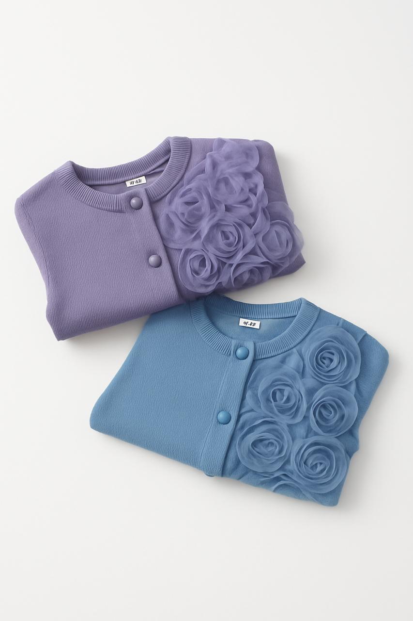 Blue Ribbed Rosette Cardigan Set