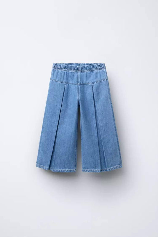 Denim Wide-Leg Culottes with Elastic Waist