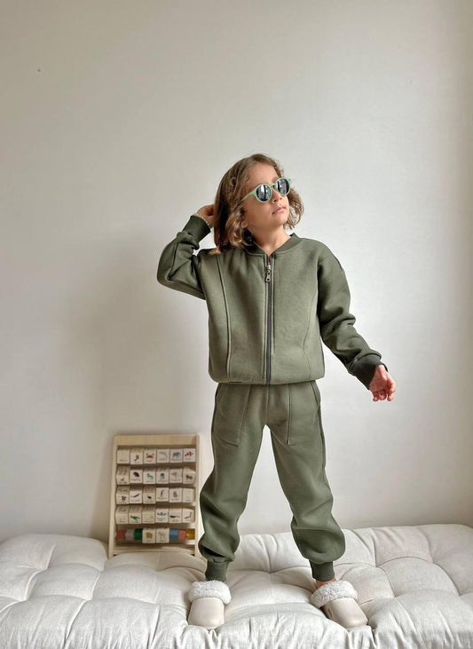Olive Green Fleece Zip-Up Hoodie and Joggers Set