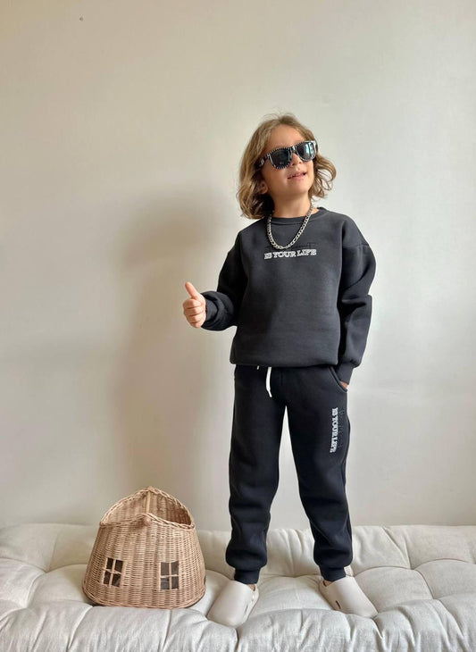 Dark Grey This Moment Is Your Life Fleece Sweatshirt and Joggers Set