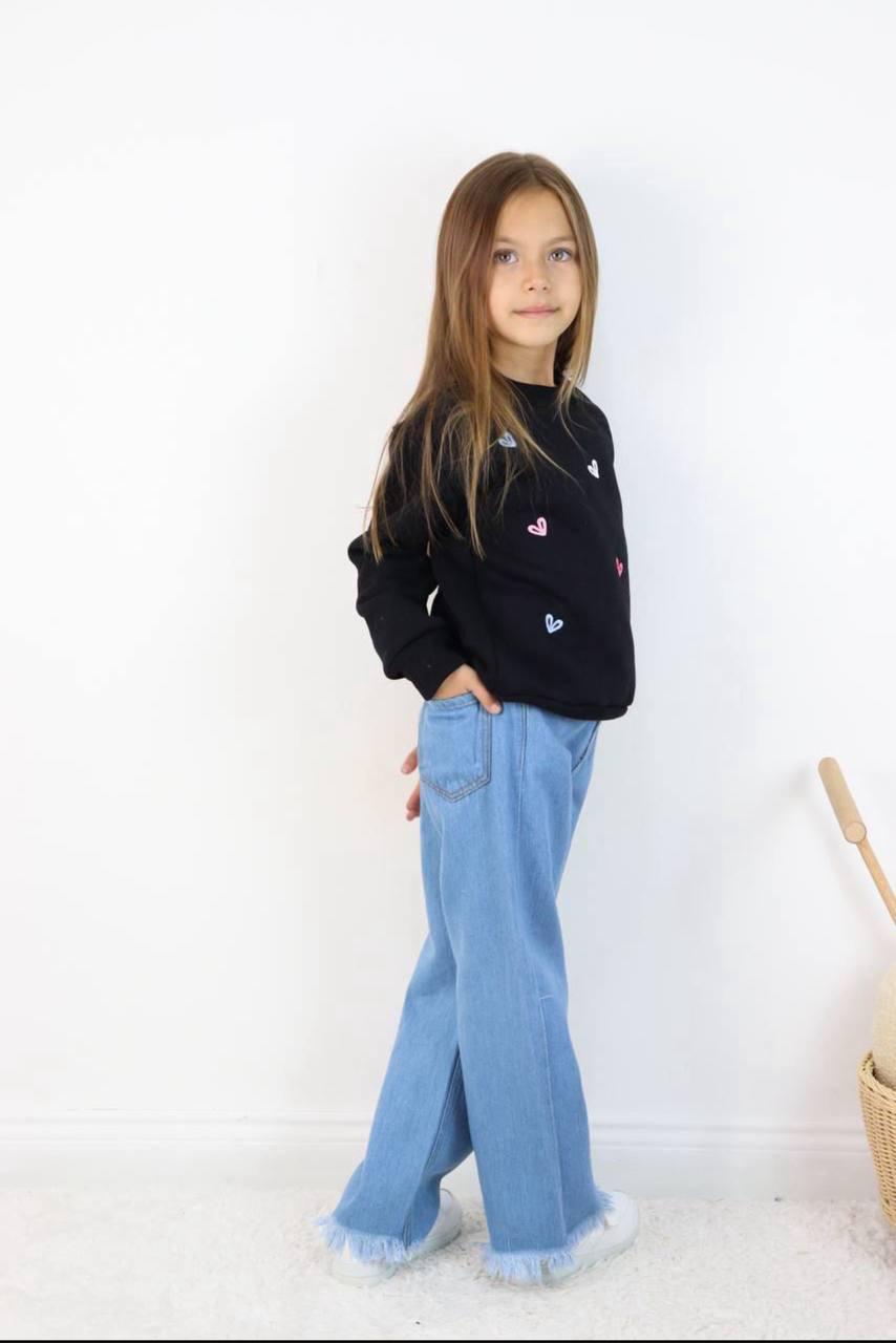 Heart Embroidered Fleece Sweater and Wide-Leg Jeans Set