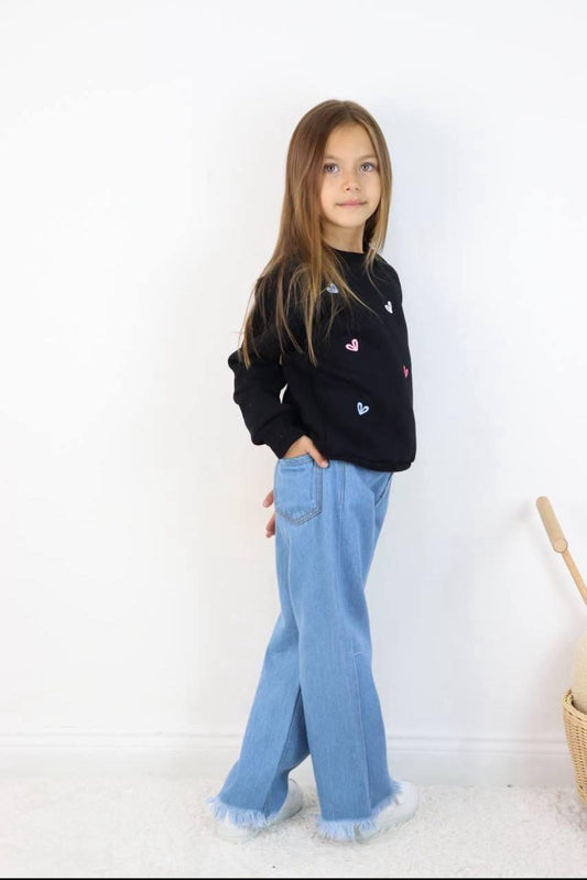 Heart Embroidered Fleece Sweater and Wide-Leg Jeans Set