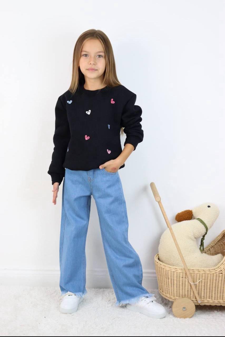 Heart Embroidered Fleece Sweater and Wide-Leg Jeans Set