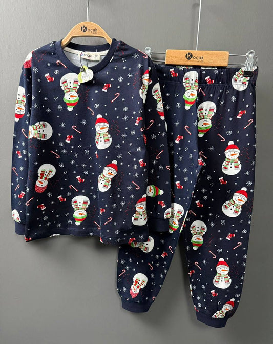 Blue Christmas Snowman Cotton Pajama Set
