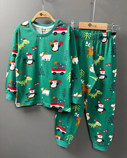 Green Christmas Snowman Cotton Pajama Set