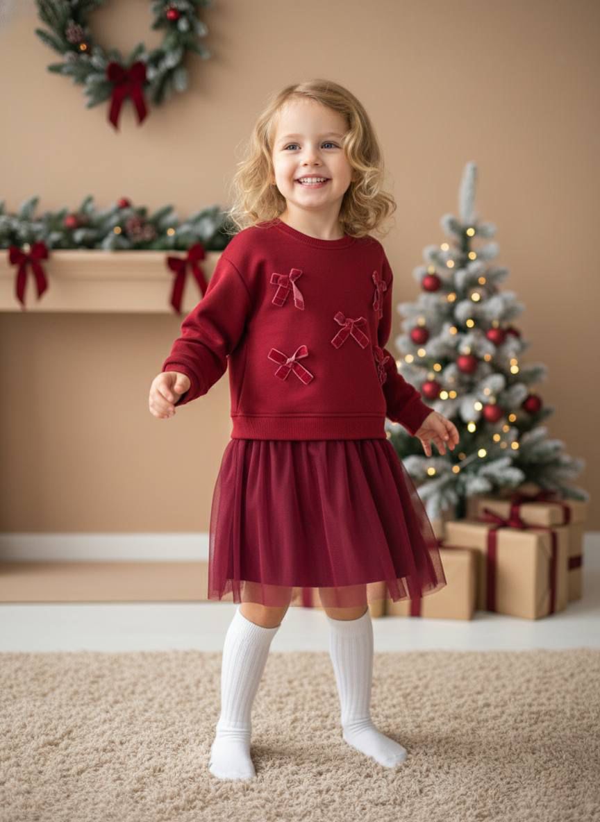 Christmas Bow Sweater Dress with Tulle Skirt