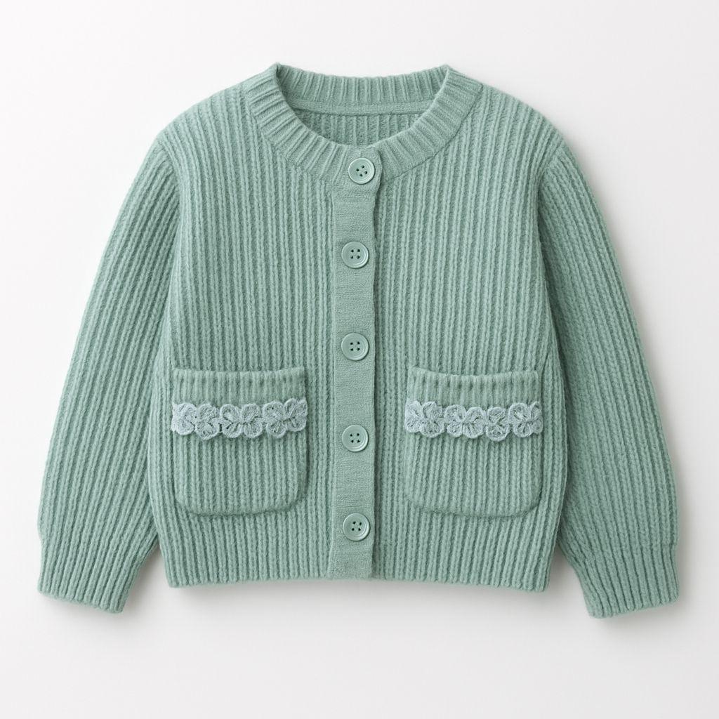 White Ribbed Knit Cardigan with Lace Pocket Detail