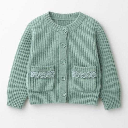 Green Ribbed Knit Cardigan with Lace Pocket Detail