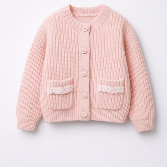 Pink Ribbed Knit Cardigan with Lace Pocket Detail