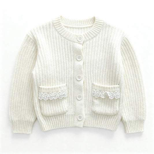 White Ribbed Knit Cardigan with Lace Pocket Detail