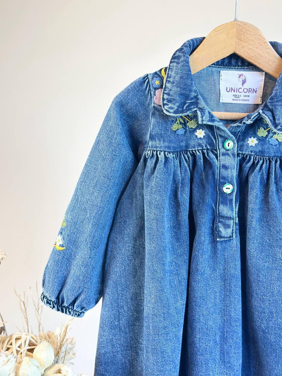 Embroidered Denim Dress with Floral Details
