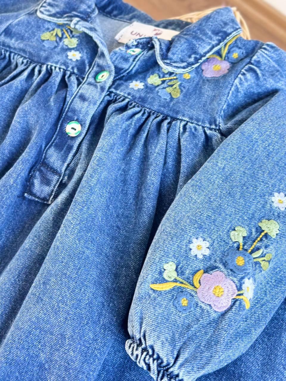 Embroidered Denim Dress with Floral Details