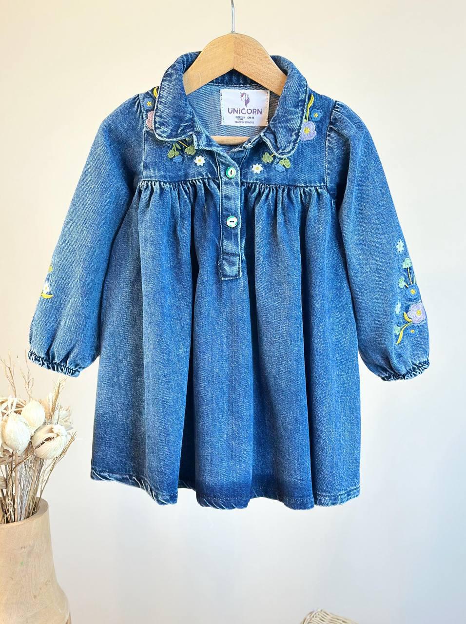Embroidered Denim Dress with Floral Details