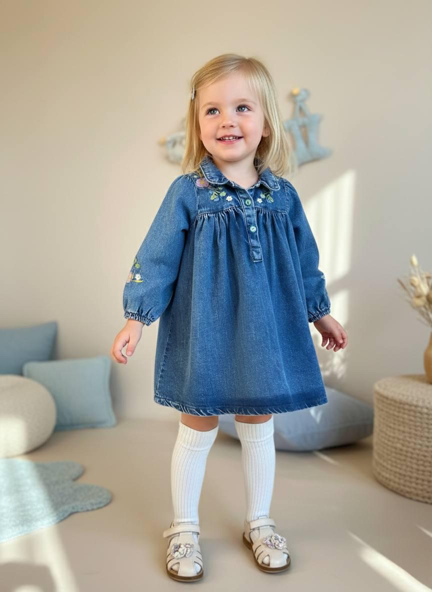 Embroidered Denim Dress with Floral Details